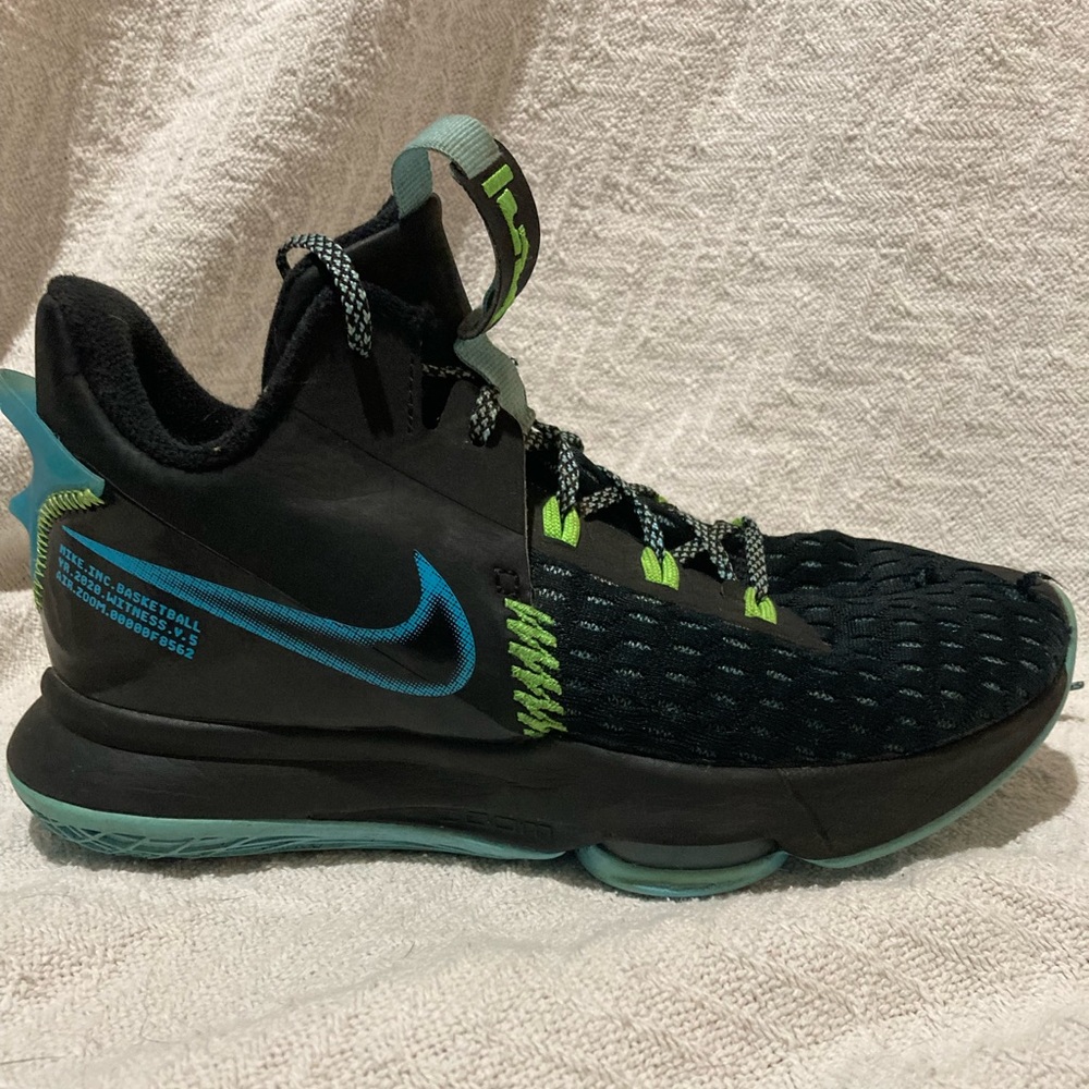 Nike LeBrons blue green and black shoes